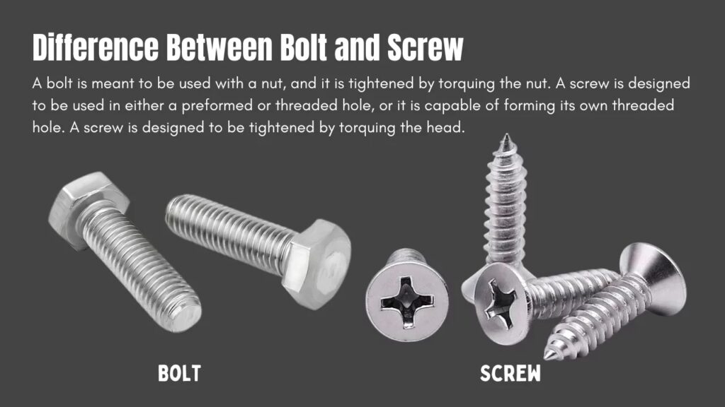 side-by-side comparison graphic of a bolt with a nut vs. a screw in wood
